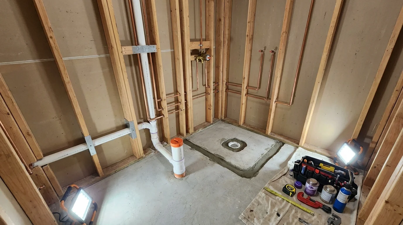 Bathroom rough-in plumbing during remodel by Johns Plumbing LLC in Cloverdale