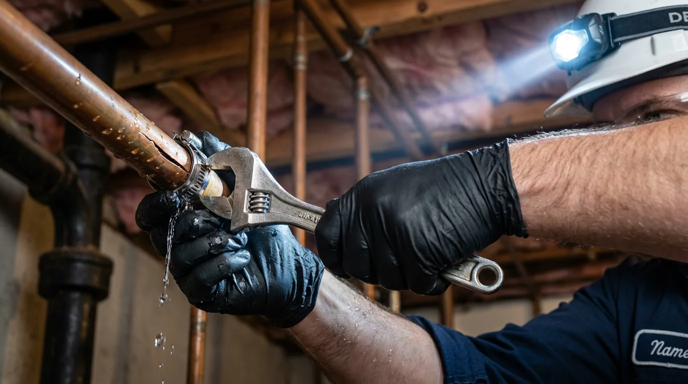 Emergency pipe clamp repair being performed by a Johns Plumbing LLC plumber in Cloverdale