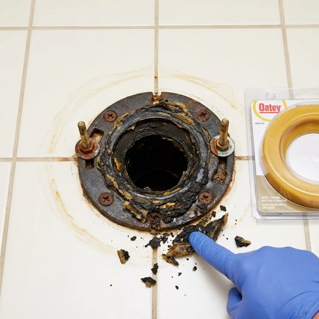 Failed wax ring showing water seepage at the base of a toilet in a Cloverdale, CA home
