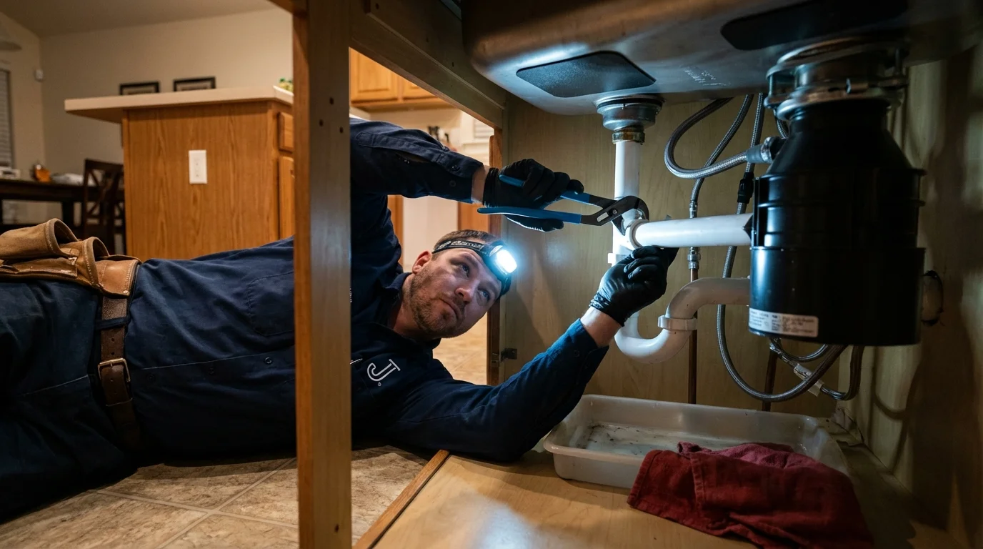 P-trap and supply line connections under a kitchen sink showing a common leak point in Cloverdale, CA